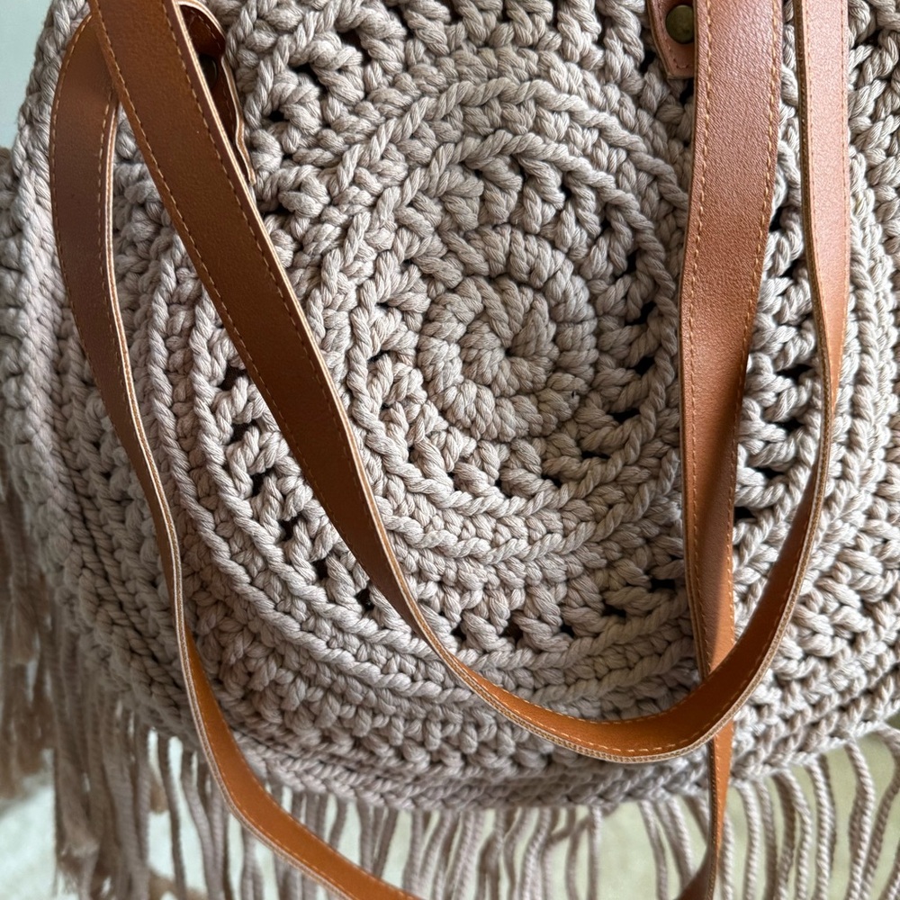 Handcrafted Beige Crochet Bag with Tan Straps